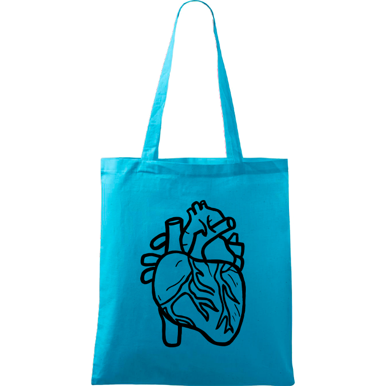 Ručně malovaná menší plátěná taška - Anatomické srdce Barva tašky: TYRKYSOVÁ, Barva motivu: ČERNÁ