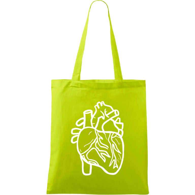 Ručně malovaná menší plátěná taška - Anatomické srdce Barva tašky: LIMETKOVÁ, Barva motivu: BÍLÁ
