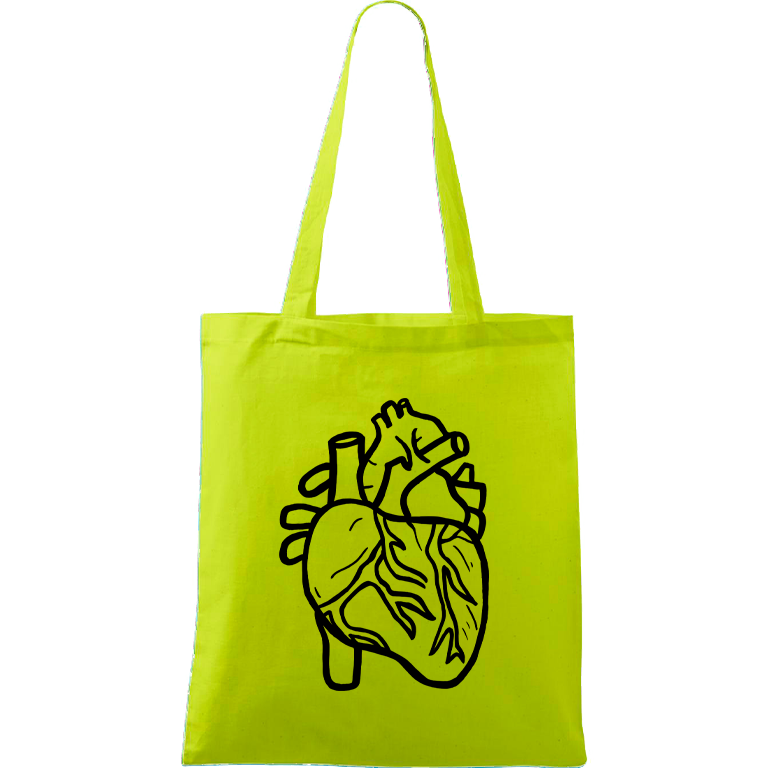 Ručně malovaná menší plátěná taška - Anatomické srdce Barva tašky: LIMETKOVÁ, Barva motivu: ČERNÁ