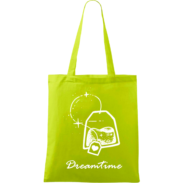 Ručně malovaná menší plátěná taška - Dreamtime Barva tašky: LIMETKOVÁ, Barva motivu: BÍLÁ