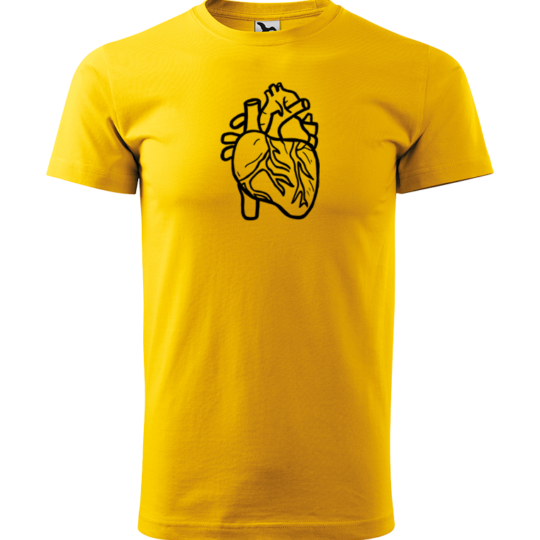 Ručně malované pánské bavlněné tričko - Anatomické srdce Barva trička: ŽLUTÁ, Velikost trička: S, Barva motivu: ČERNÁ