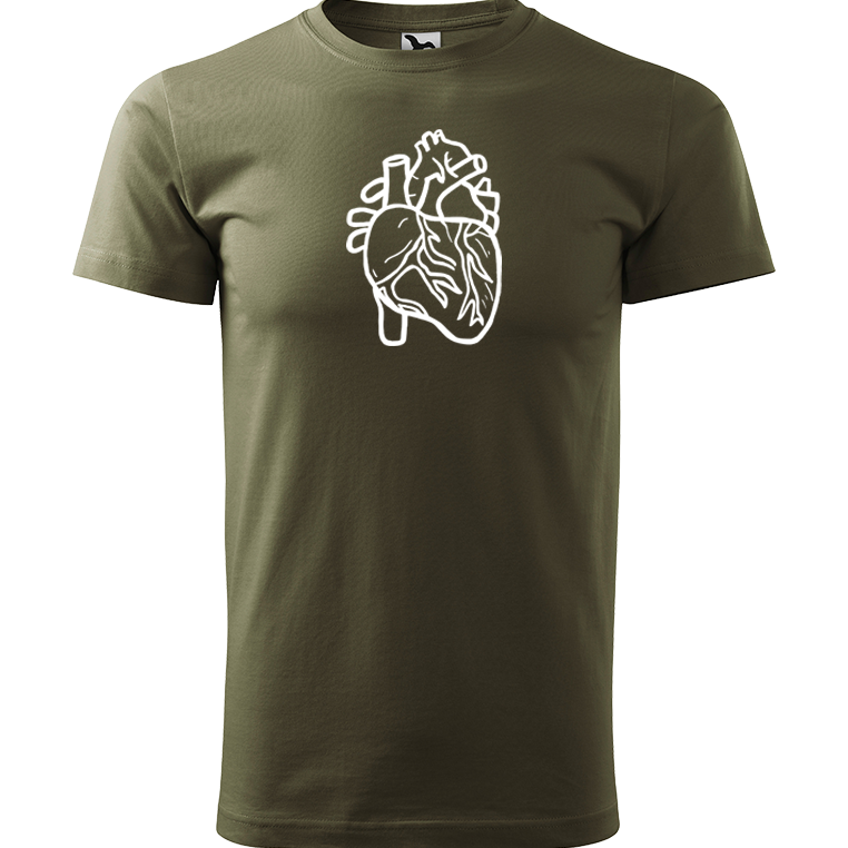 Ručně malované pánské bavlněné tričko - Anatomické srdce Barva trička: ARMY, Velikost trička: S, Barva motivu: BÍLÁ
