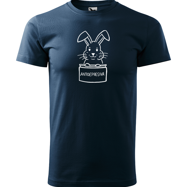 Ručně malované pánské bavlněné tričko - Antidepresivní králík Barva trička: NÁMOŘNICKÁ MODRÁ, Velikost trička: L, Barva motivu: BÍLÁ