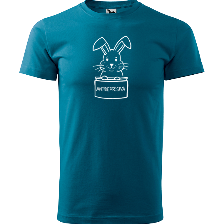 Ručně malované pánské bavlněné tričko - Antidepresivní králík Barva trička: PETROLEJOVÁ, Velikost trička: XXL, Barva motivu: BÍLÁ