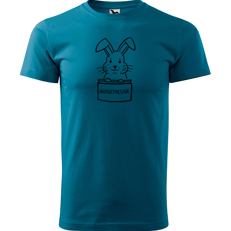 Ručně malované pánské bavlněné tričko - Antidepresivní králík Barva trička: PETROLEJOVÁ, Velikost trička: L, Barva motivu: ČERNÁ