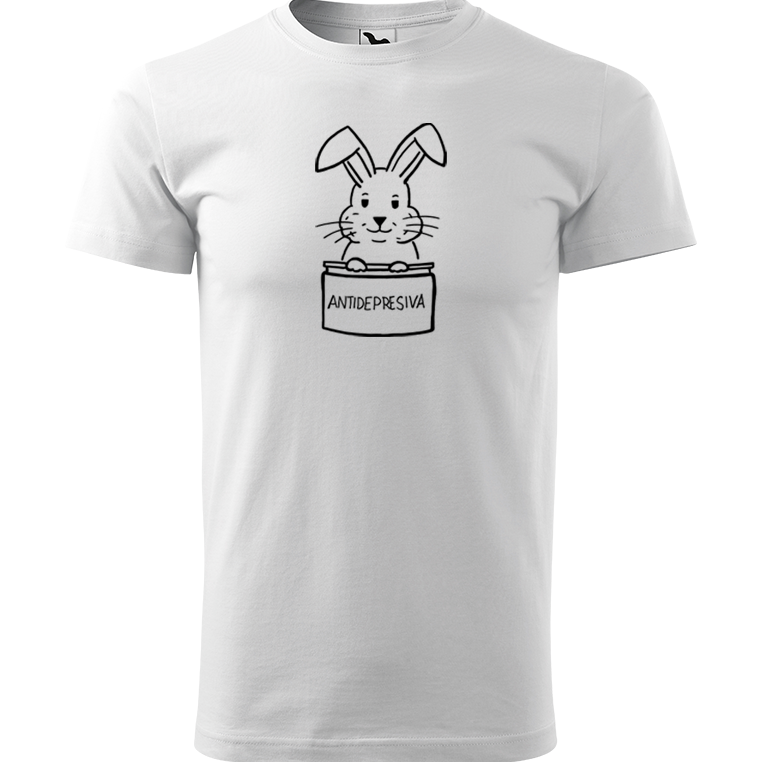 Ručně malované pánské bavlněné tričko - Antidepresivní králík Barva trička: BÍLÁ, Velikost trička: S, Barva motivu: ČERNÁ