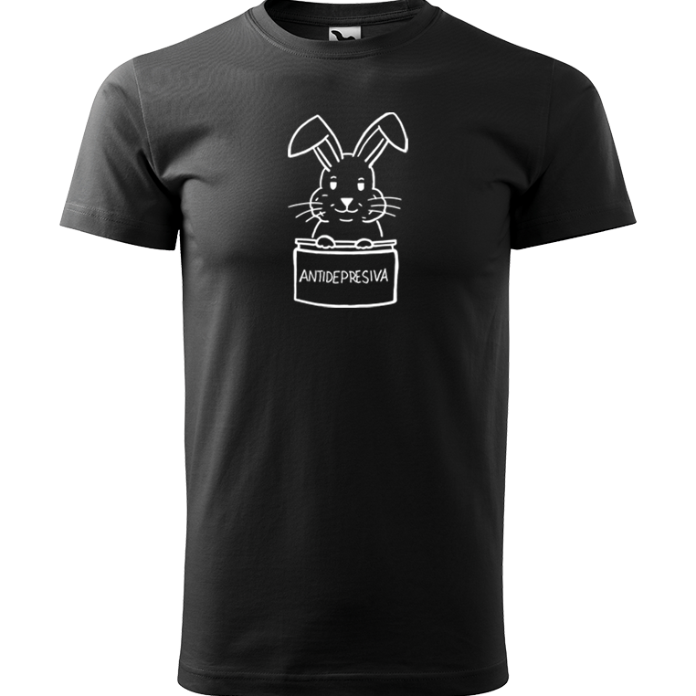 Ručně malované pánské bavlněné tričko - Antidepresivní králík Barva trička: ČERNÁ, Velikost trička: M, Barva motivu: BÍLÁ
