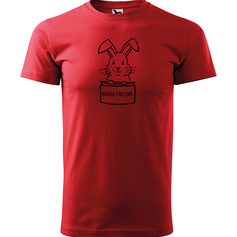 Ručně malované pánské bavlněné tričko - Antidepresivní králík Barva trička: ČERVENÁ, Velikost trička: L, Barva motivu: ČERNÁ