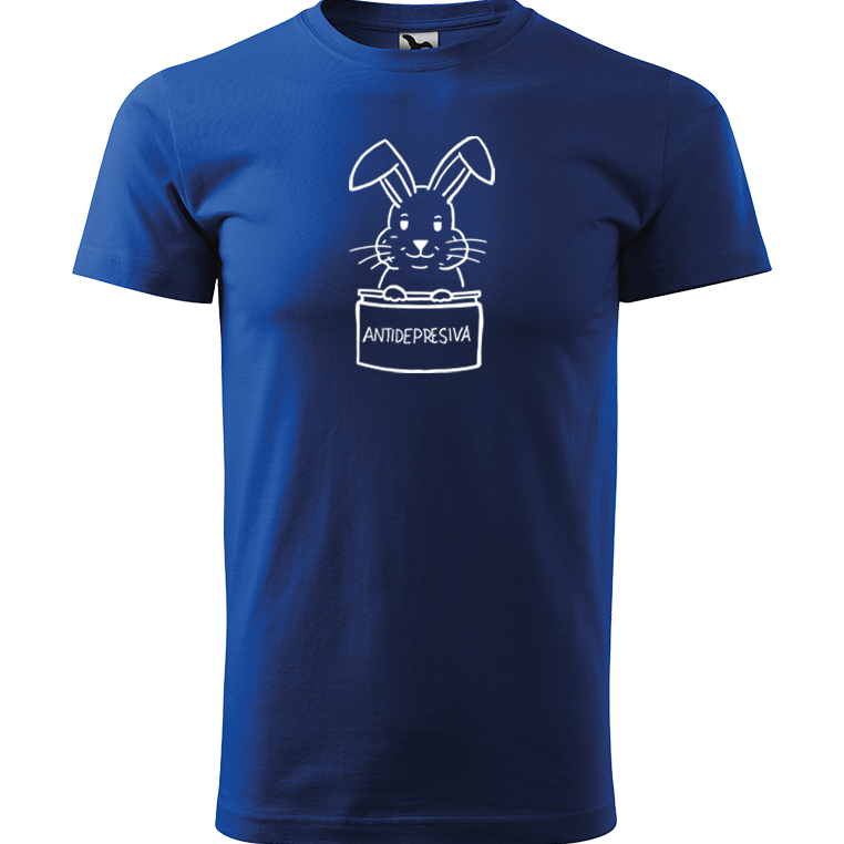 Ručně malované pánské bavlněné tričko - Antidepresivní králík Barva trička: MODRÁ, Velikost trička: S, Barva motivu: BÍLÁ