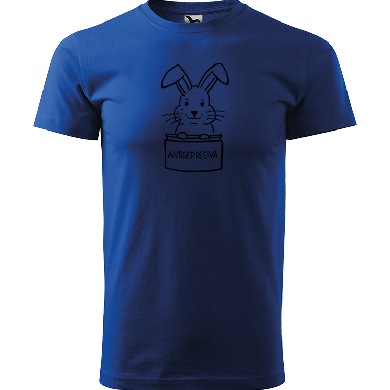Ručně malované pánské bavlněné tričko - Antidepresivní králík Barva trička: MODRÁ, Velikost trička: XL, Barva motivu: ČERNÁ