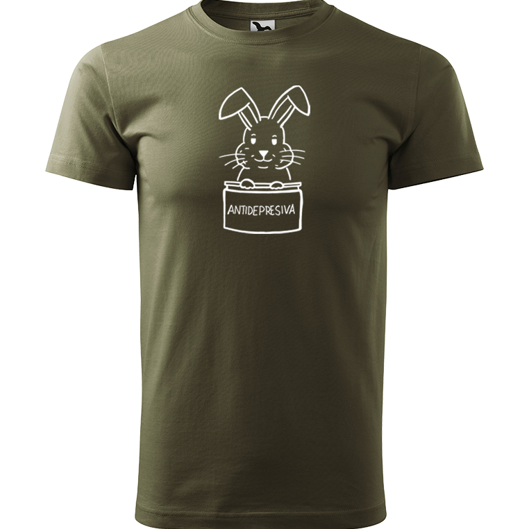 Ručně malované pánské bavlněné tričko - Antidepresivní králík Barva trička: ARMY, Velikost trička: XL, Barva motivu: BÍLÁ