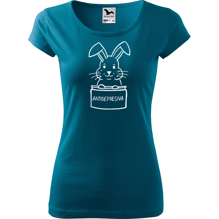 Ručně malované dámské bavlněné tričko - Antidepresivní králík Barva trička: PETROLEJOVÁ, Velikost trička: L, Barva motivu: BÍLÁ