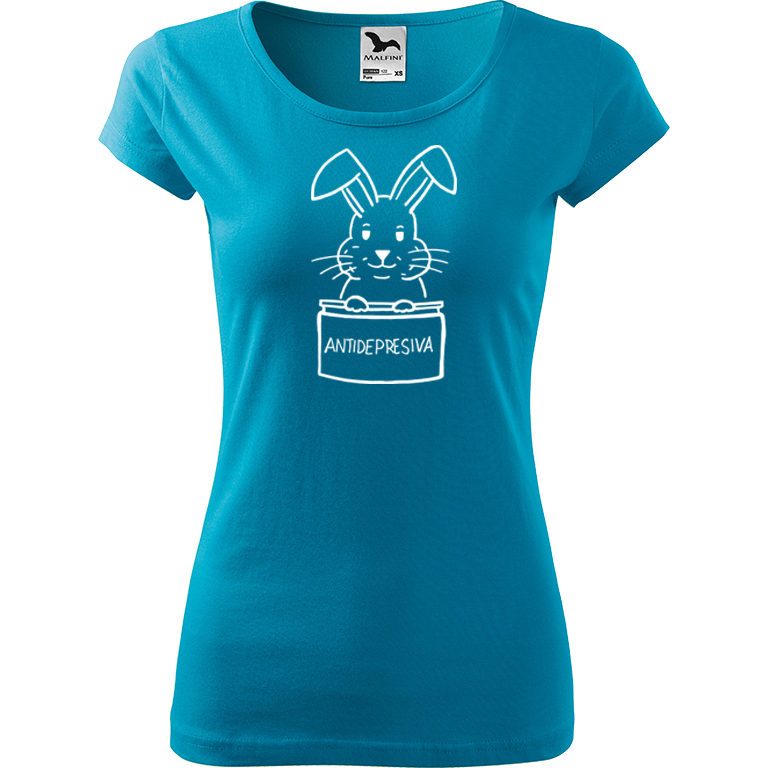 Ručně malované dámské bavlněné tričko - Antidepresivní králík Barva trička: TYRKYSOVÁ, Velikost trička: S, Barva motivu: BÍLÁ