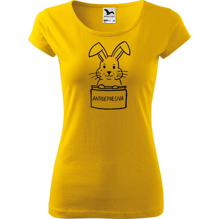 Ručně malované dámské bavlněné tričko - Antidepresivní králík Barva trička: ŽLUTÁ, Velikost trička: XL, Barva motivu: ČERNÁ