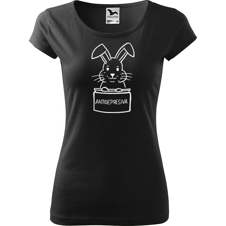 Ručně malované dámské bavlněné tričko - Antidepresivní králík Barva trička: ČERNÁ, Velikost trička: M, Barva motivu: BÍLÁ