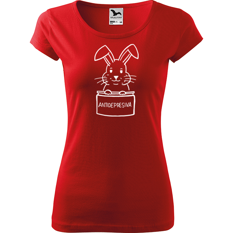 Ručně malované dámské bavlněné tričko - Antidepresivní králík Barva trička: ČERVENÁ, Velikost trička: M, Barva motivu: BÍLÁ