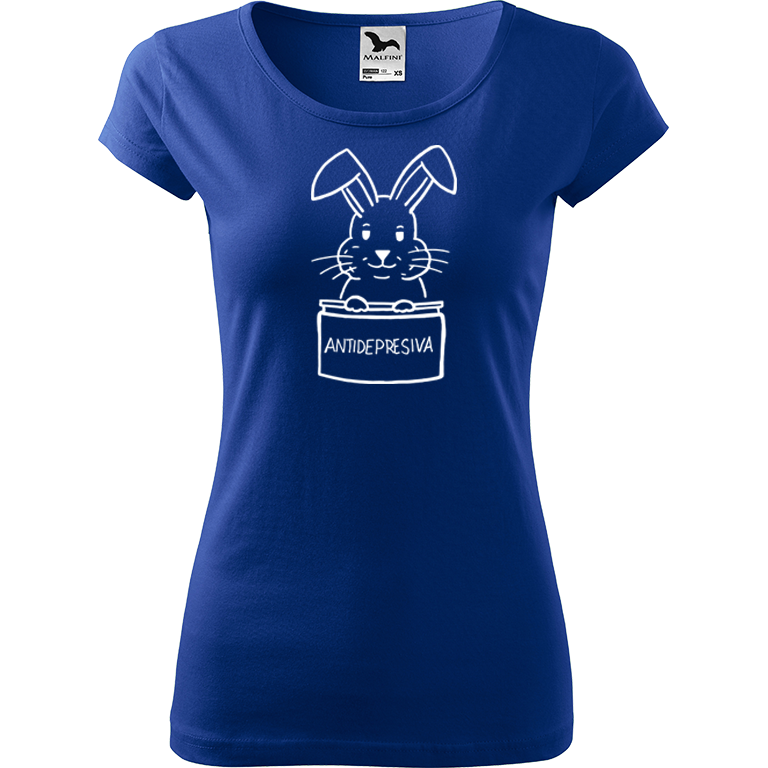 Ručně malované dámské bavlněné tričko - Antidepresivní králík Barva trička: MODRÁ, Velikost trička: XS, Barva motivu: BÍLÁ