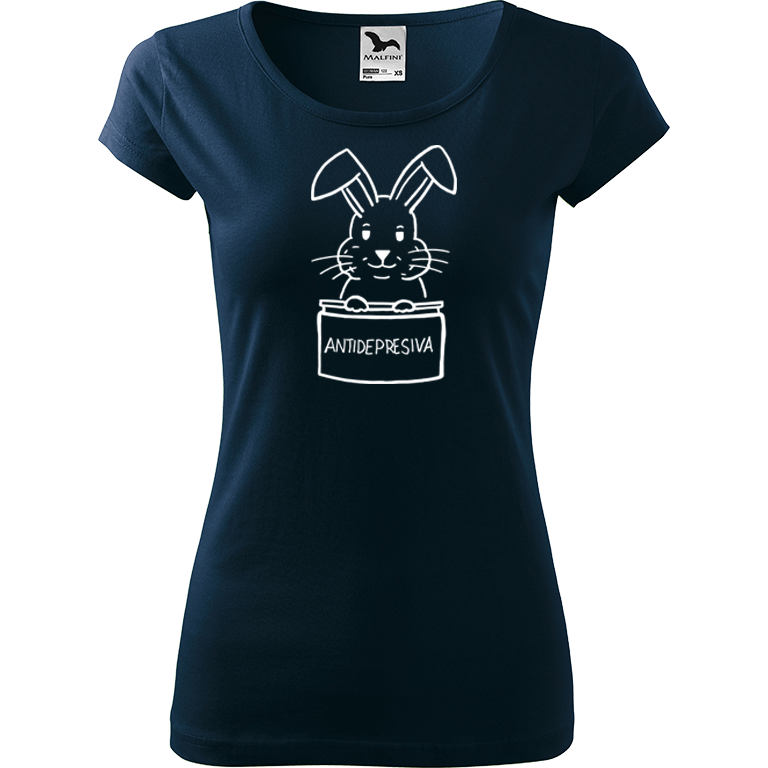 Ručně malované dámské bavlněné tričko - Antidepresivní králík Barva trička: NÁMOŘNICKÁ MODRÁ, Velikost trička: S, Barva motivu: BÍLÁ