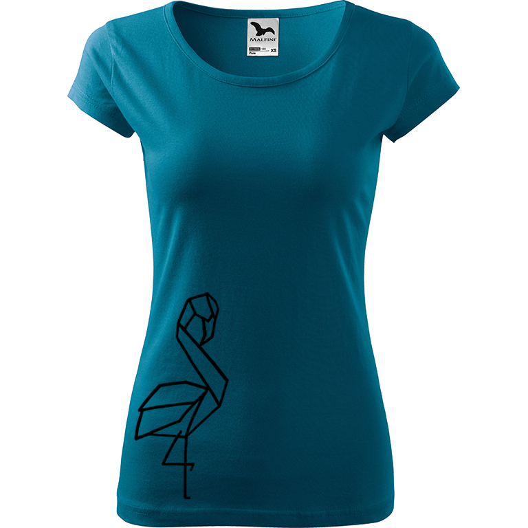 Ručně malované dámské bavlněné tričko - Plameňák na boku Barva trička: PETROLEJOVÁ, Velikost trička: M, Barva motivu: ČERNÁ