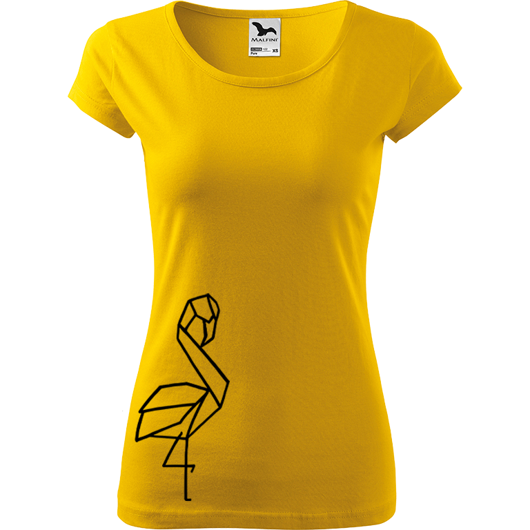 Ručně malované dámské bavlněné tričko - Plameňák na boku Barva trička: ŽLUTÁ, Velikost trička: XL, Barva motivu: ČERNÁ