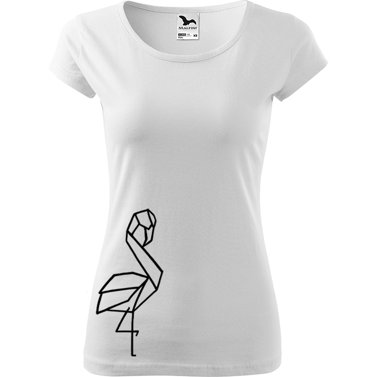 Ručně malované dámské bavlněné tričko - Plameňák na boku Barva trička: BÍLÁ, Velikost trička: XL, Barva motivu: ČERNÁ