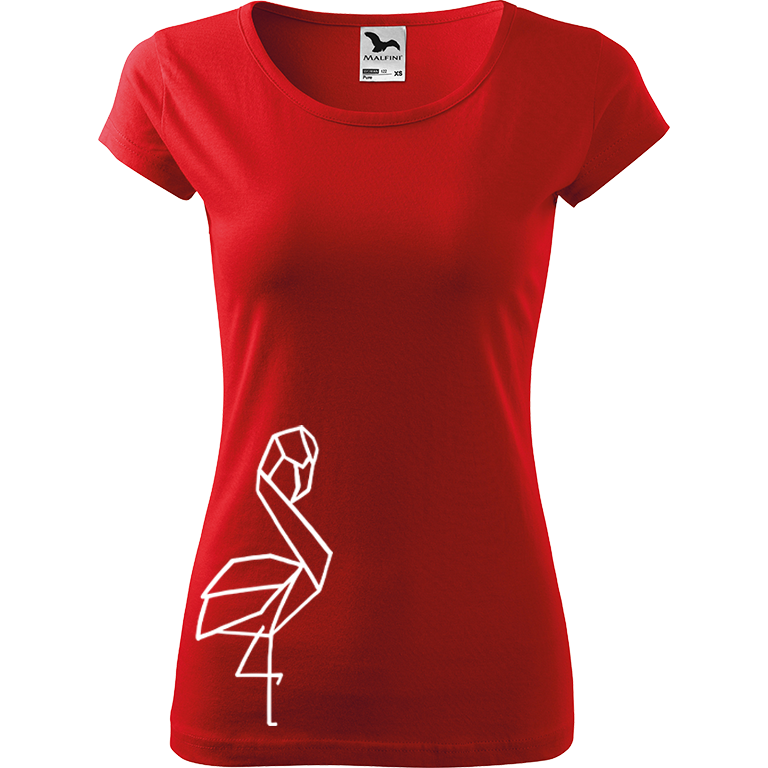 Ručně malované dámské bavlněné tričko - Plameňák na boku Barva trička: ČERVENÁ, Velikost trička: L, Barva motivu: BÍLÁ