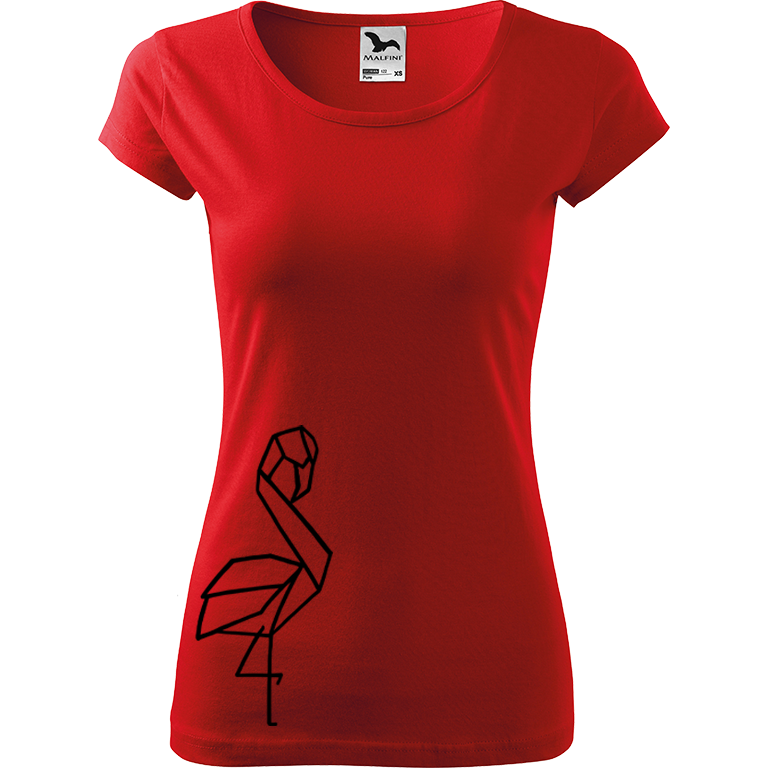 Ručně malované dámské bavlněné tričko - Plameňák na boku Barva trička: ČERVENÁ, Velikost trička: L, Barva motivu: ČERNÁ