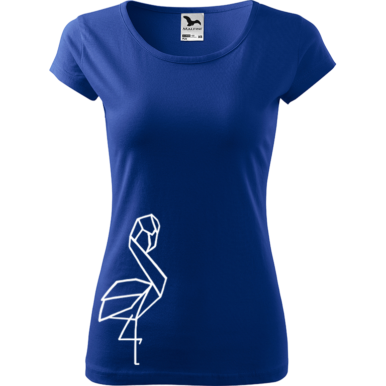 Ručně malované dámské bavlněné tričko - Plameňák na boku Barva trička: MODRÁ, Velikost trička: S, Barva motivu: BÍLÁ