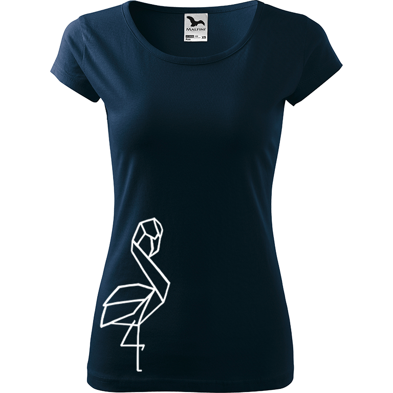 Ručně malované dámské bavlněné tričko - Plameňák na boku Barva trička: NÁMOŘNICKÁ MODRÁ, Velikost trička: XL, Barva motivu: BÍLÁ
