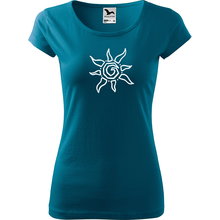 Ručně malované dámské bavlněné tričko - Slunce Barva trička: PETROLEJOVÁ, Velikost trička: M, Barva motivu: BÍLÁ