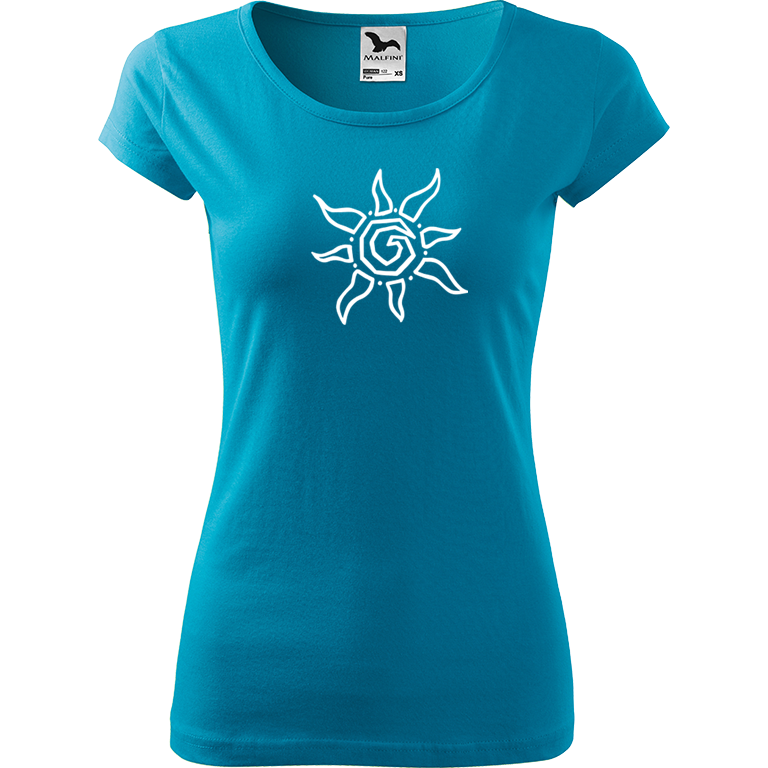 Ručně malované dámské bavlněné tričko - Slunce Barva trička: TYRKYSOVÁ, Velikost trička: XL, Barva motivu: BÍLÁ