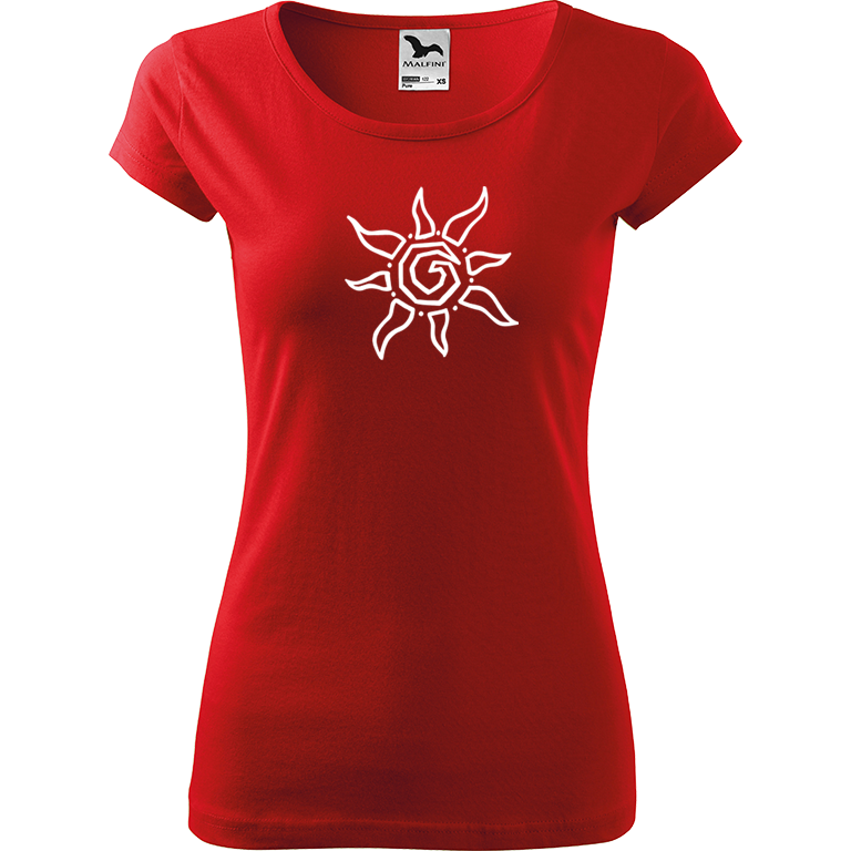 Ručně malované dámské bavlněné tričko - Slunce Barva trička: ČERVENÁ, Velikost trička: M, Barva motivu: BÍLÁ