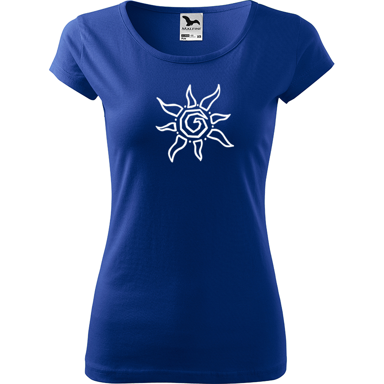 Ručně malované dámské bavlněné tričko - Slunce Barva trička: MODRÁ, Velikost trička: XL, Barva motivu: BÍLÁ