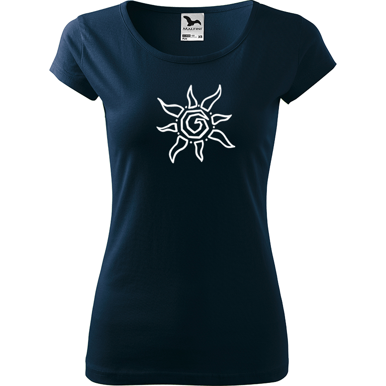 Ručně malované dámské bavlněné tričko - Slunce Barva trička: NÁMOŘNICKÁ MODRÁ, Velikost trička: S, Barva motivu: BÍLÁ
