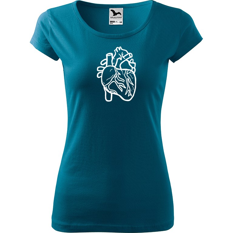 Ručně malované dámské bavlněné tričko - Anatomické srdce Barva trička: PETROLEJOVÁ, Velikost trička: XL, Barva motivu: BÍLÁ