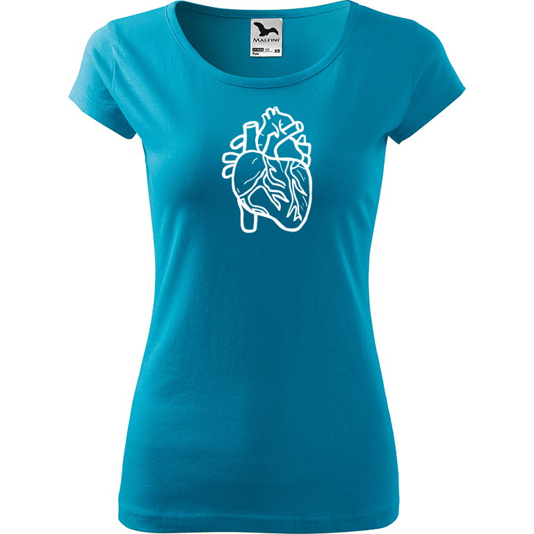 Ručně malované dámské bavlněné tričko - Anatomické srdce Barva trička: TYRKYSOVÁ, Velikost trička: L, Barva motivu: BÍLÁ