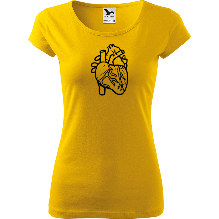 Ručně malované dámské bavlněné tričko - Anatomické srdce Barva trička: ŽLUTÁ, Velikost trička: XL, Barva motivu: ČERNÁ