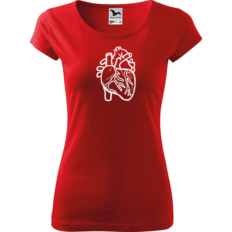 Ručně malované dámské bavlněné tričko - Anatomické srdce Barva trička: ČERVENÁ, Velikost trička: S, Barva motivu: BÍLÁ