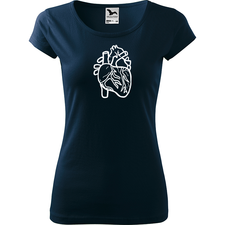 Ručně malované dámské bavlněné tričko - Anatomické srdce Barva trička: NÁMOŘNICKÁ MODRÁ, Velikost trička: S, Barva motivu: BÍLÁ