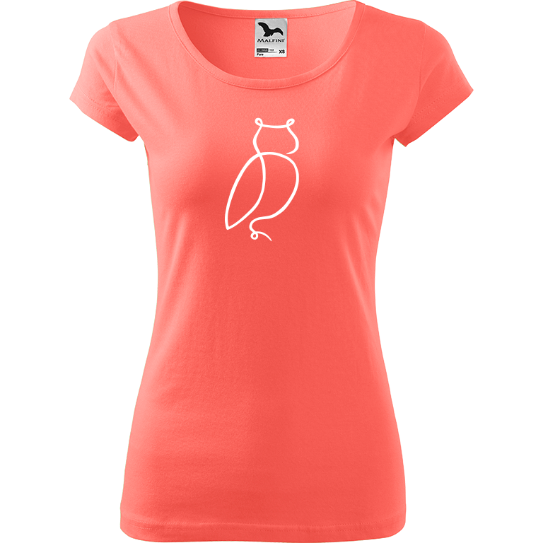 Ručně malované dámské bavlněné tričko - Jednotahová sova Barva trička: KORÁLOVÁ, Velikost trička: XL, Barva motivu: BÍLÁ