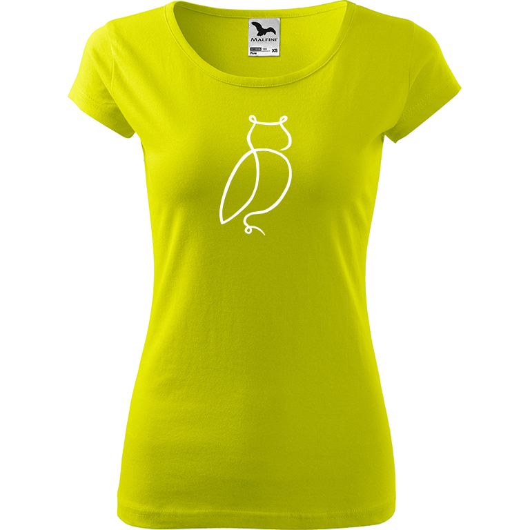 Ručně malované dámské bavlněné tričko - Jednotahová sova Barva trička: LIMETKOVÁ, Velikost trička: M, Barva motivu: BÍLÁ