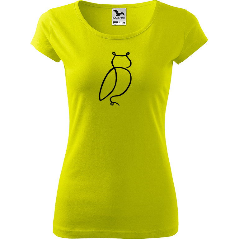 Ručně malované dámské bavlněné tričko - Jednotahová sova Barva trička: LIMETKOVÁ, Velikost trička: M, Barva motivu: ČERNÁ