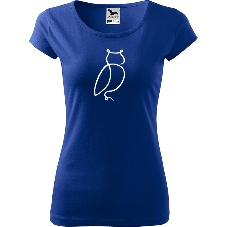 Ručně malované dámské bavlněné tričko - Jednotahová sova Barva trička: MODRÁ, Velikost trička: M, Barva motivu: BÍLÁ
