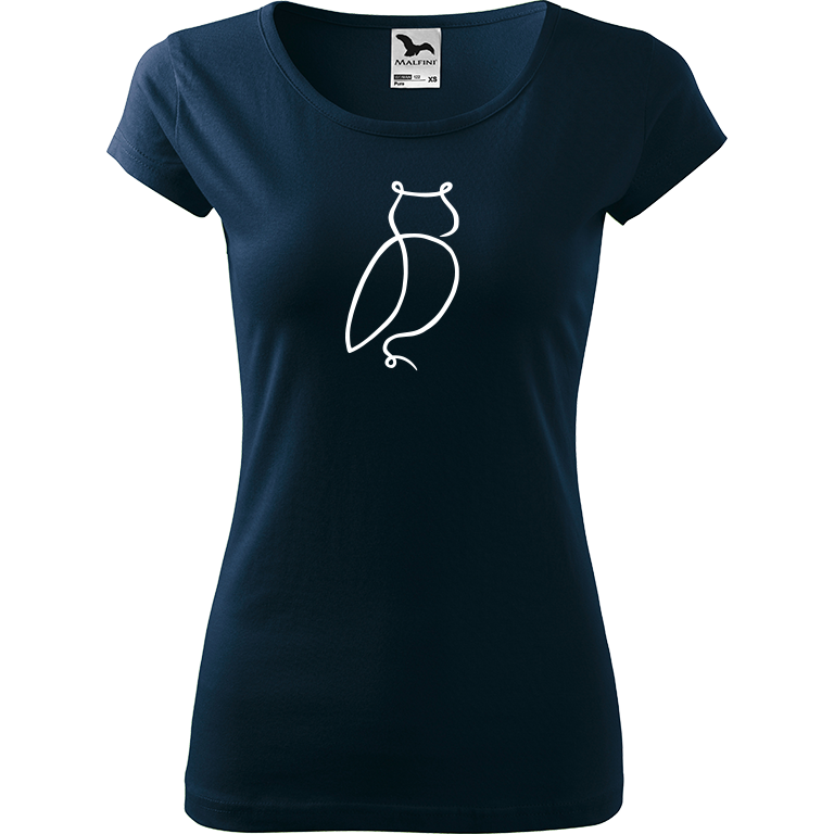 Ručně malované dámské bavlněné tričko - Jednotahová sova Barva trička: NÁMOŘNICKÁ MODRÁ, Velikost trička: S, Barva motivu: BÍLÁ