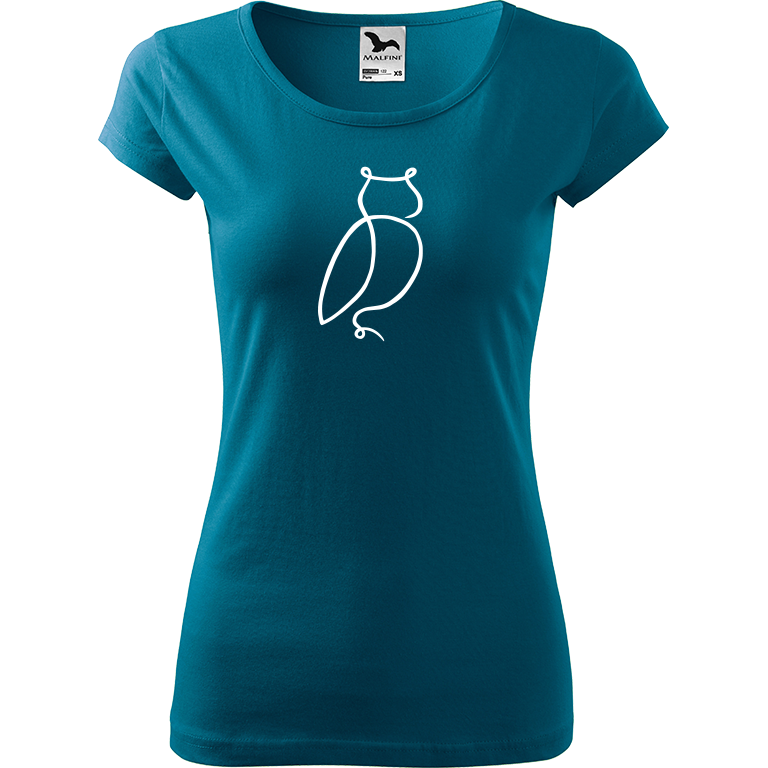 Ručně malované dámské bavlněné tričko - Jednotahová sova Barva trička: PETROLEJOVÁ, Velikost trička: M, Barva motivu: BÍLÁ