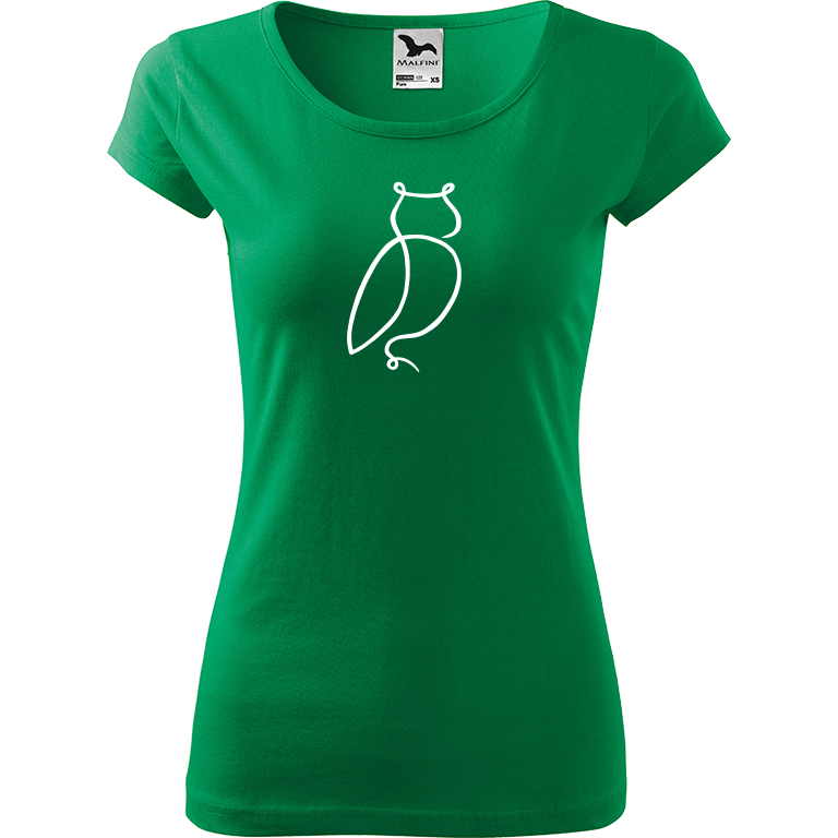 Ručně malované dámské bavlněné tričko - Jednotahová sova Barva trička: STŘEDNĚ ZELENÁ, Velikost trička: S, Barva motivu: BÍLÁ