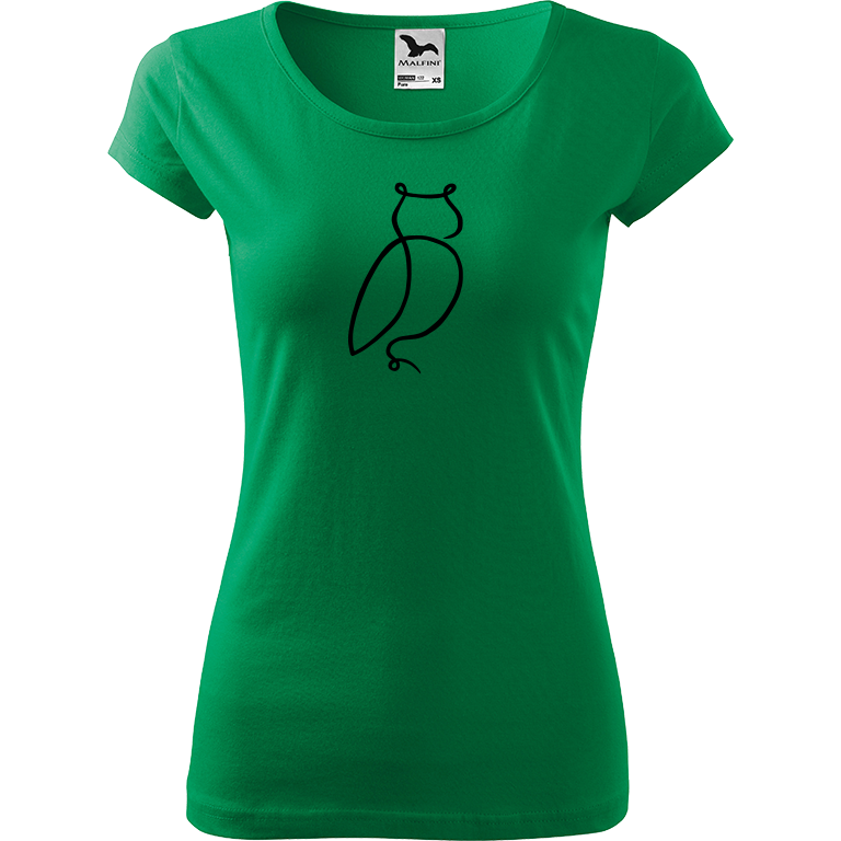 Ručně malované dámské bavlněné tričko - Jednotahová sova Barva trička: STŘEDNĚ ZELENÁ, Velikost trička: XS, Barva motivu: ČERNÁ