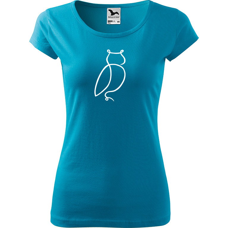Ručně malované dámské bavlněné tričko - Jednotahová sova Barva trička: TYRKYSOVÁ, Velikost trička: M, Barva motivu: BÍLÁ
