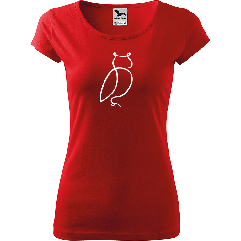 Ručně malované dámské bavlněné tričko - Jednotahová sova Barva trička: ČERVENÁ, Velikost trička: XS, Barva motivu: BÍLÁ