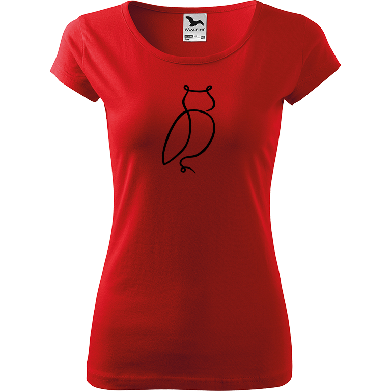 Ručně malované dámské bavlněné tričko - Jednotahová sova Barva trička: ČERVENÁ, Velikost trička: L, Barva motivu: ČERNÁ